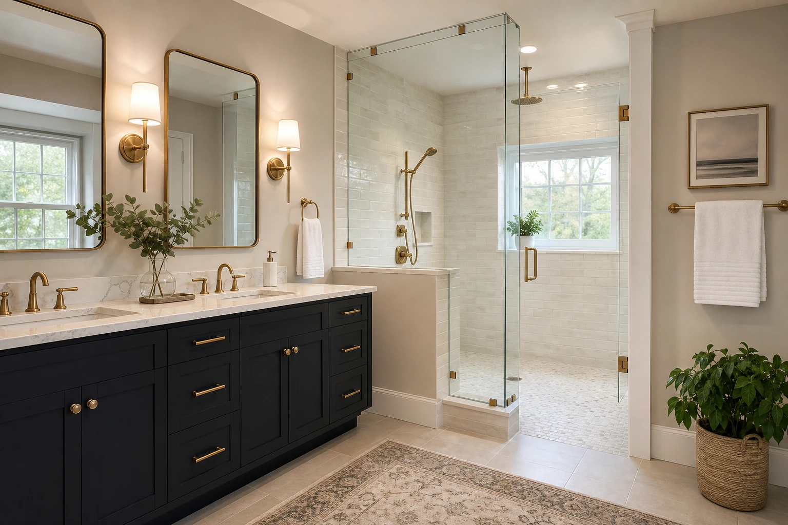 Finished premium bathroom remodeling with glass shower and vanity