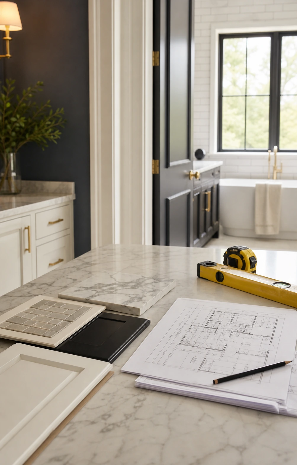 Premium remodeling planning setup with samples, plans and organized tools